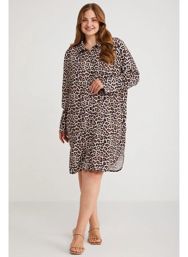 Ethiquet Safarı Women's Plus-Size Shirt-Collar Button-Detail Long Sleeve Leopard Print Dress