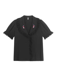 Summer Chubby Girl Plus Size Women's Clothing French Retro V-neck Embroidered Ruffled Short Sleeve Doll Collar Heavy Work Shirt 62508