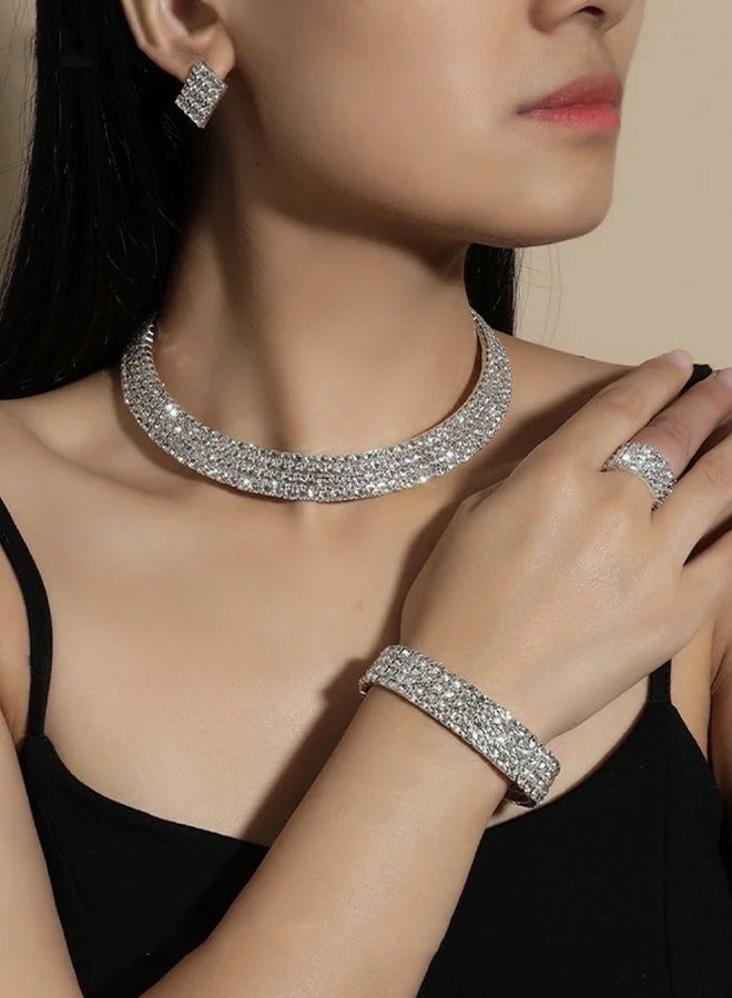 4-Piece Set of Jewelry Diamond Necklace Earrings Ring Bracelet European Style Elegant and Noble Jewelry Gift - Image 1