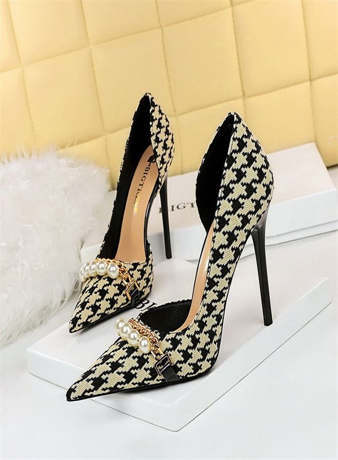 BIGTREE Side Cut-Out Thousand Bird Check Pearl Metal Chain High Heels 11CM Multicolour 