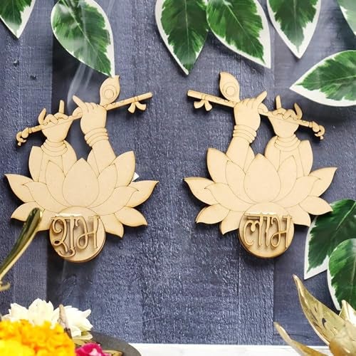 Cliths DIY Murali Manohar Shubh Labh Sohn Diwali Decor Craft Item - Pair of 6, Unfinished Wooden Craft, Krishna Design, 5 x 4.1 Inches, Pine MDF for Festive Home Decorations - Image 1