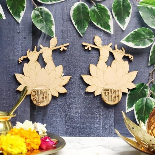 Cliths DIY Murali Manohar Shubh Labh Sohn Diwali Decor Craft Item - Pair of 6, Unfinished Wooden Craft, Krishna Design, 5 x 4.1 Inches, Pine MDF for Festive Home Decorations - Image 2
