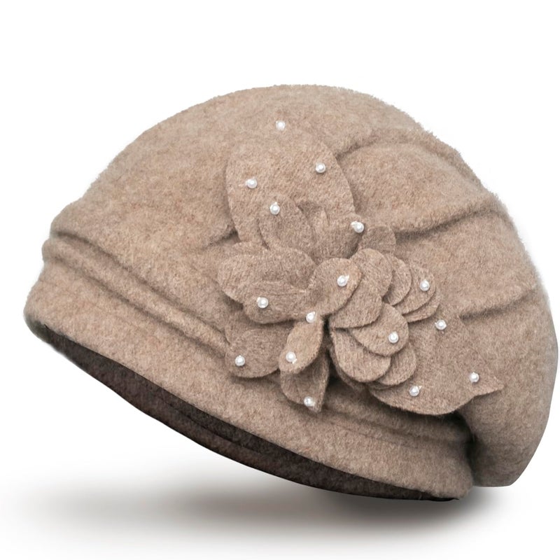 Dahlia Women's Winter Hat - Wool Cloche/Bucket Hat, Slouch, Flower, Tan - Image 1