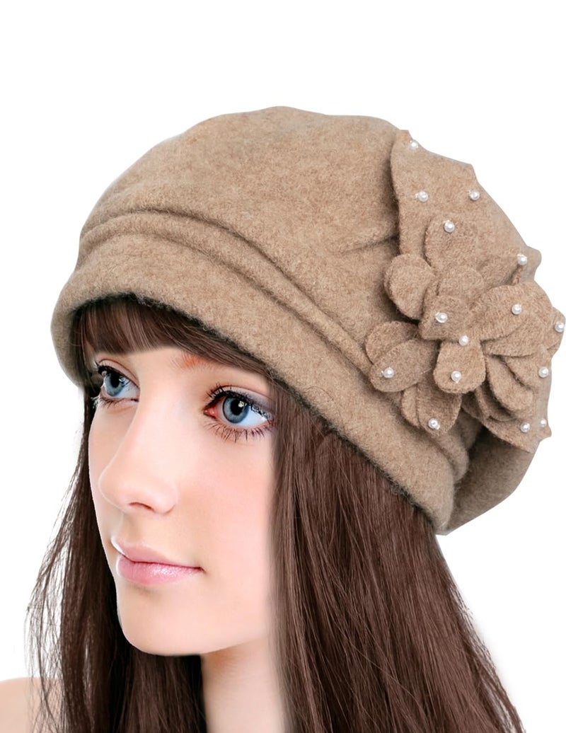 Dahlia Women's Winter Hat - Wool Cloche/Bucket Hat, Slouch, Flower, Tan - Image 2