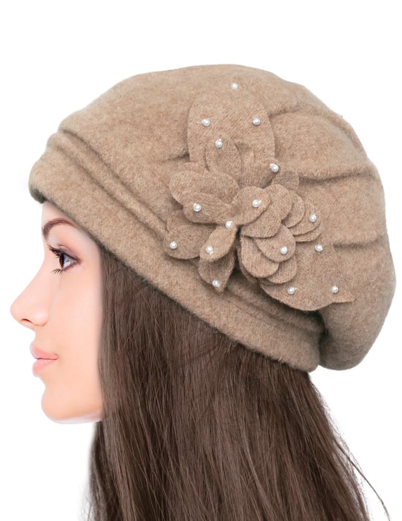 Dahlia Women's Winter Hat - Wool Cloche/Bucket Hat, Slouch, Flower, Tan - Image 4