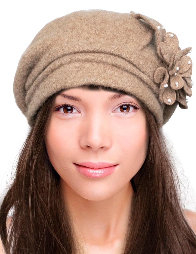 Dahlia Women's Winter Hat - Wool Cloche/Bucket Hat, Slouch, Flower, Tan - Image 3