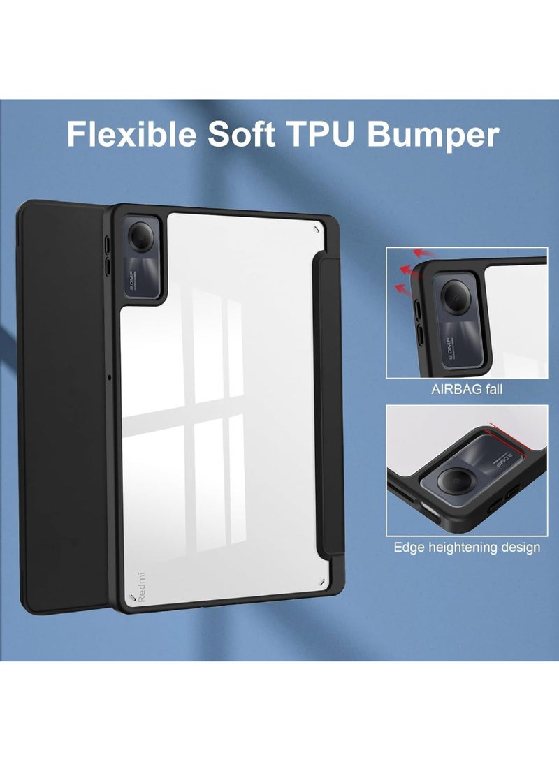 روك بو حافظة لهاتف Xiaomi Redmi Pad SE مقاس 11.0 بوصة إصدار 2023 حافظة فوليو ذكية رفيعة مزودة بحامل للنوم/الاستيقاظ التلقائي مع فتحة قلم رصاص وغطاء خلفي شفاف شفاف - Image 3