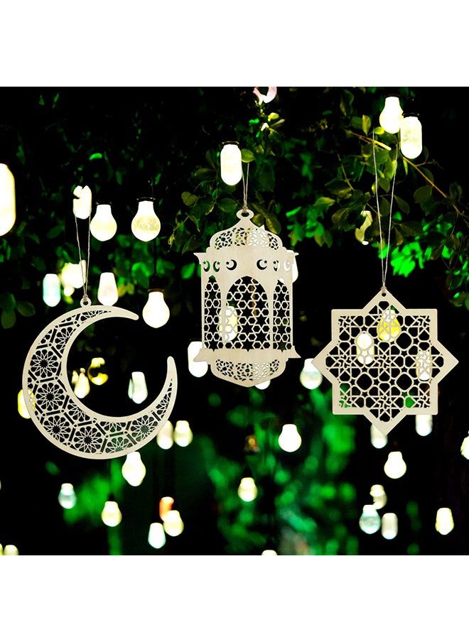 O Ozone (3PC SET) Ramadan Kareem Wooden Ornaments Pendant Decoration Moon Lantern Light Mubarak Eid Hanging Ornament for Ramadan Mubarak Eid Decorations  - Image 3