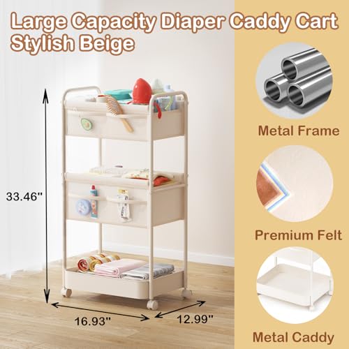 BOPHILI Baby Diaper Caddy Premium Metal Felt Movable Cart with Dividers for Newborn Nursery Essentials Large Capacity Rolling Diaper Storage Caddy Organizer for Changing Table Crib Easy Assembly Beige - Image 3