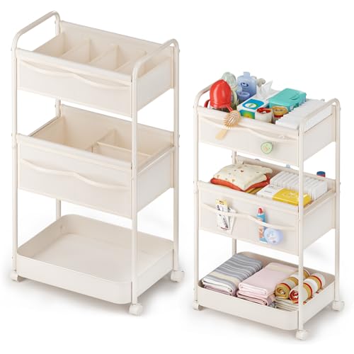 BOPHILI Baby Diaper Caddy Premium Metal Felt Movable Cart with Dividers for Newborn Nursery Essentials Large Capacity Rolling Diaper Storage Caddy Organizer for Changing Table Crib Easy Assembly Beige - Image 1