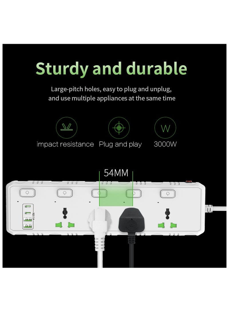 سكاي فيو شريط طاقة واقي من زيادة التيار - مقبس طاقة مزود بـ 4 منافذ ومنفذين USB ومنفذين من النوع C، وسلك طاقة بطول 2 متر (3000 واط/16 أمبير/110 فولت-265 فولت)، مادة مقاومة للحريق من البولي كربونات، قلب نحاسي نقي، مفتاح مستقل (أبيض) - Image 2