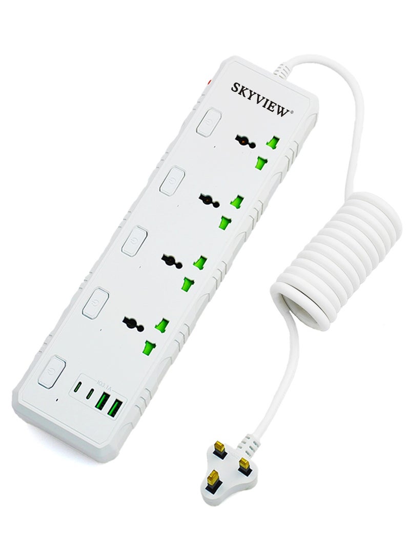 سكاي فيو شريط طاقة واقي من زيادة التيار - مقبس طاقة مزود بـ 4 منافذ ومنفذين USB ومنفذين من النوع C، وسلك طاقة بطول 2 متر (3000 واط/16 أمبير/110 فولت-265 فولت)، مادة مقاومة للحريق من البولي كربونات، قلب نحاسي نقي، مفتاح مستقل (أبيض) - Image 1