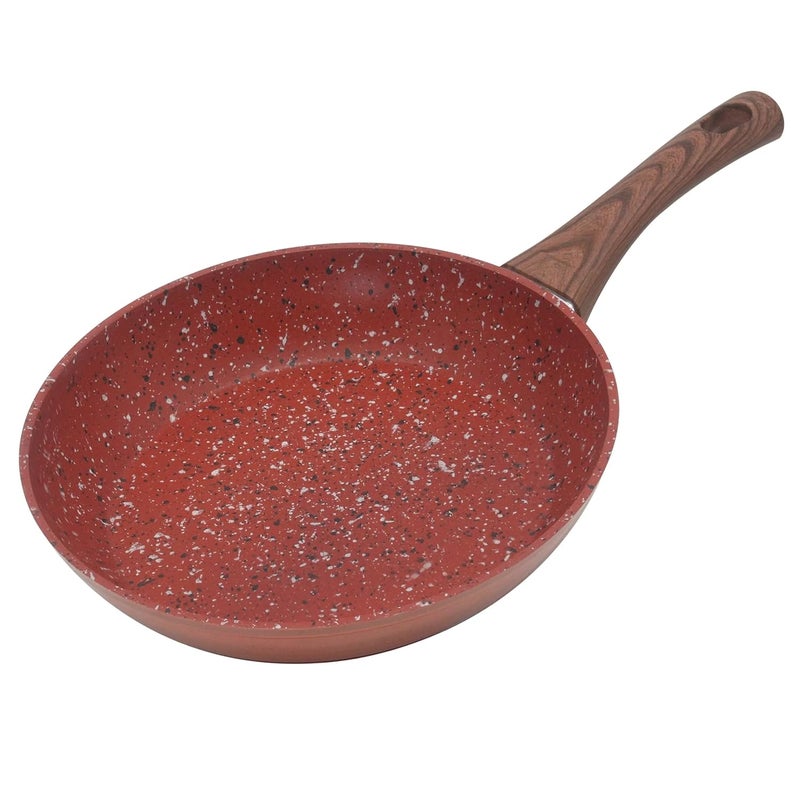 Pushkh Non Stick Marble Finish Professional Kitchen Frying pan CD Bottom Bakelite Wood Handle for Induction Cookware Safe for Dish Washer 22 CM Red - Image 1