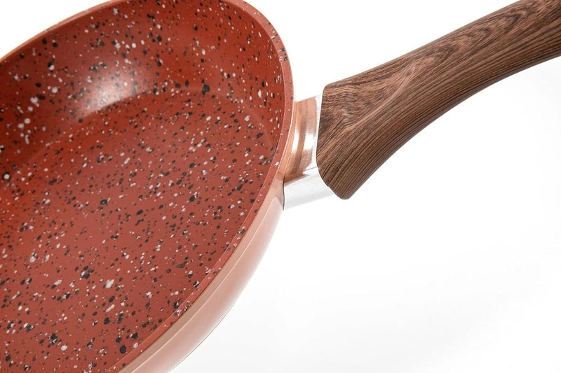 Pushkh Non Stick Marble Finish Professional Kitchen Frying pan CD Bottom Bakelite Wood Handle for Induction Cookware Safe for Dish Washer 22 CM Red - Image 2