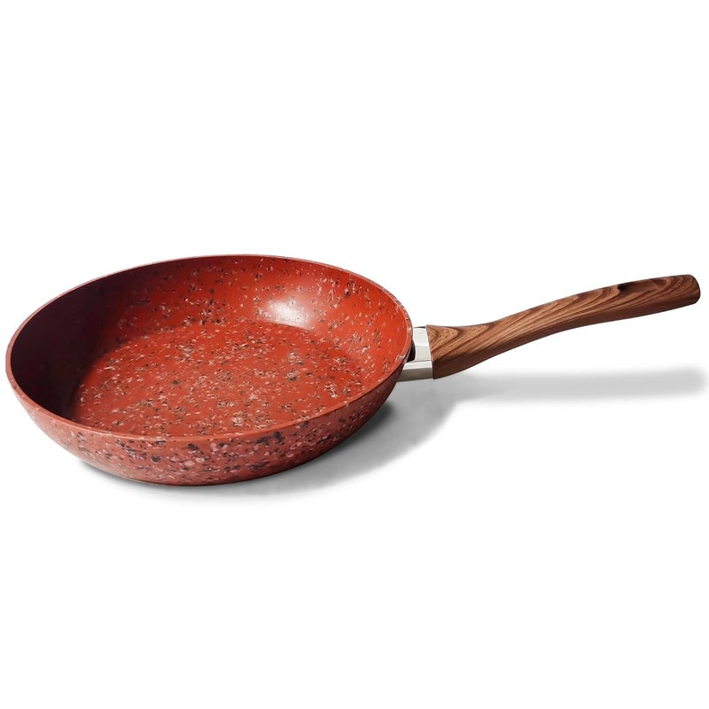 Pushkh Non Stick Marble Finish Professional Kitchen Frying pan CD Bottom Bakelite Wood Handle for Induction Cookware Safe for Dish Washer 22 CM Red - Image 3