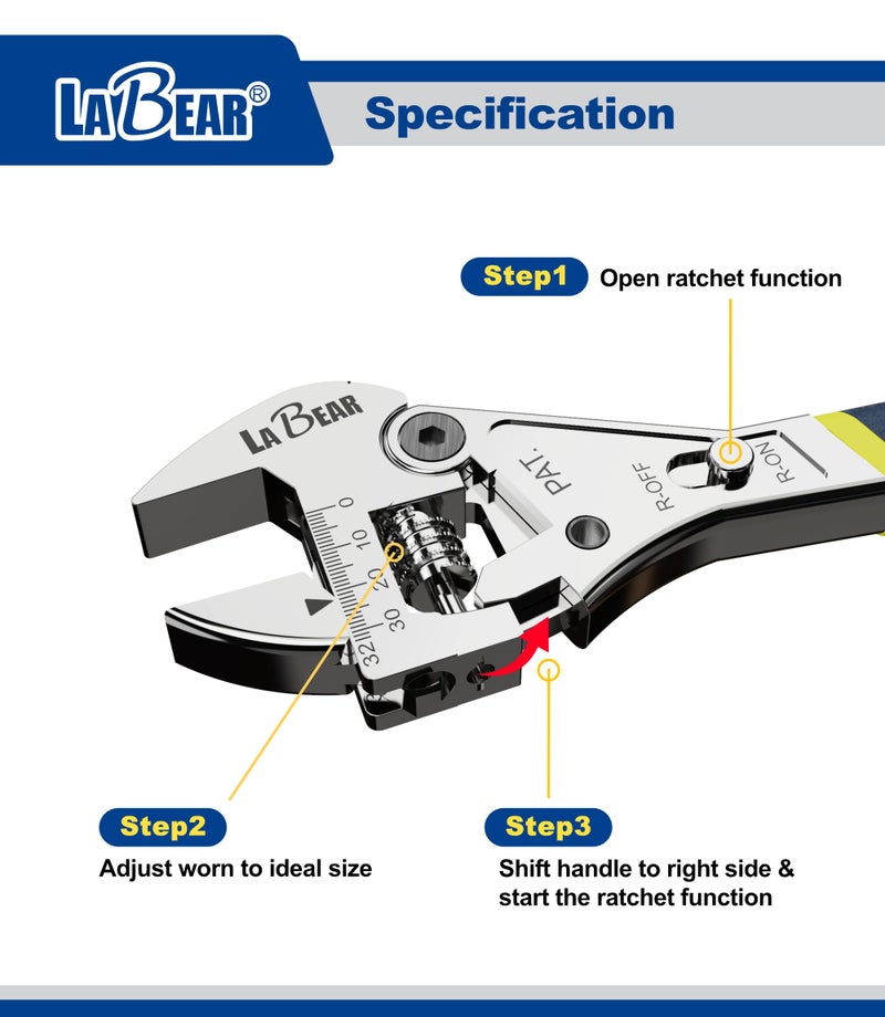 LABEAR- 10 inch long x 1-1/4 inch(32mm) Adjustable Ratchet Wrench - Image 3