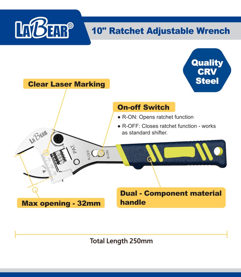 LABEAR- 10 inch long x 1-1/4 inch(32mm) Adjustable Ratchet Wrench - Image 2