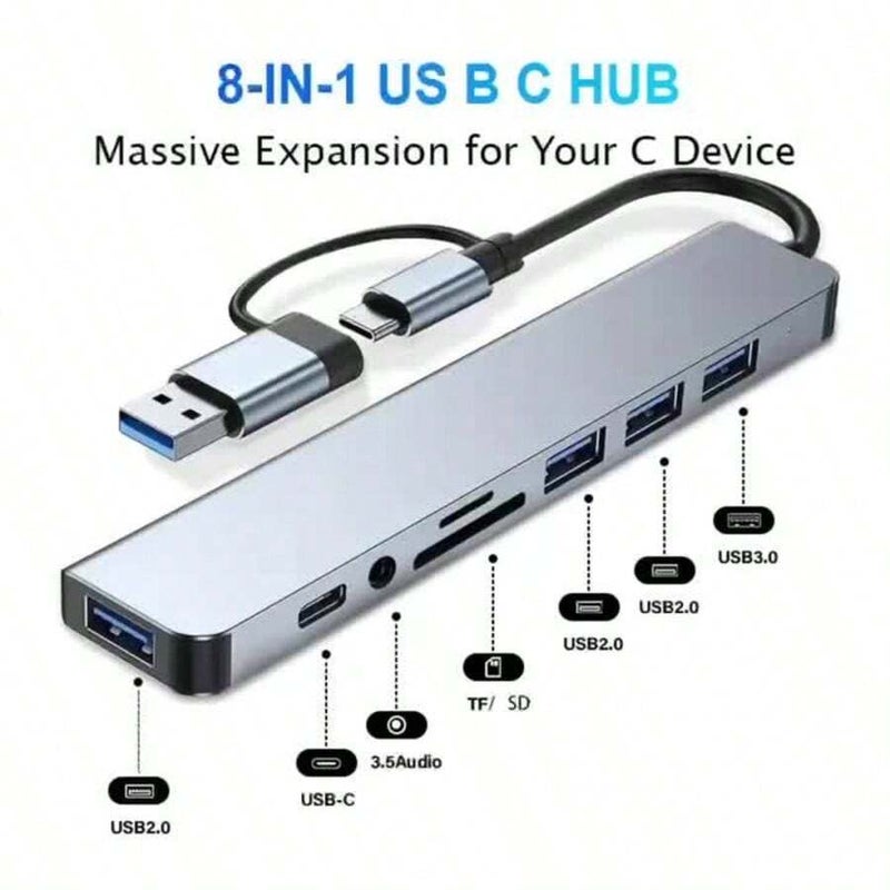 8-In-1 Multi-Function USB Expander Dock, USB PC Hub, USB C Hub, TF/SD Card Reader, 3.5mm Audio Output, Suitable For MBook Pro/Pad Pro/ Aluminum 4-Port USB Data Transmission - Size 7 In 1 - Image 5