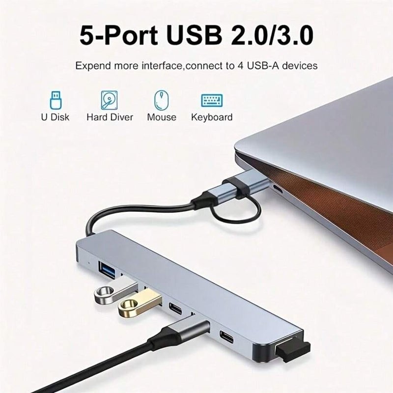 8-In-1 Multi-Function USB Expander Dock, USB PC Hub, USB C Hub, TF/SD Card Reader, 3.5mm Audio Output, Suitable For MBook Pro/Pad Pro/ Aluminum 4-Port USB Data Transmission - Size 7 In 1 - Image 2