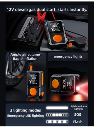 Car Jump Starter | With Air Compressor | 1000A 12V | Suitable for 6.0L Gasoline/3.0L Diesel Engines | Equipped with 150PSI Automatic Shut-off Tire Inflator Function | Smart Jump Starter with Display Screen and Emergency Light - view 2