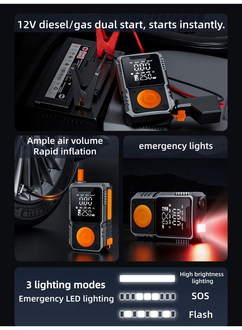 BSQ Car Jump Starter | With Air Compressor | 1000A 12V | Suitable for 6.0L Gasoline/3.0L Diesel Engines | Equipped with 150PSI Automatic Shut-off Tire Inflator Function | Smart Jump Starter with Display Screen and Emergency Light - Image 2