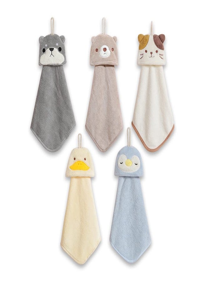PRATIQUE 5 Pack Cute Hand Towels, Bathroom Towels with Hanging Loop, Children Hand Towel Animals, Microfiber Coral Fleece Absorbent Hand Towel for Kitchen Bathroom Bedroom (5pcs) - Image 1