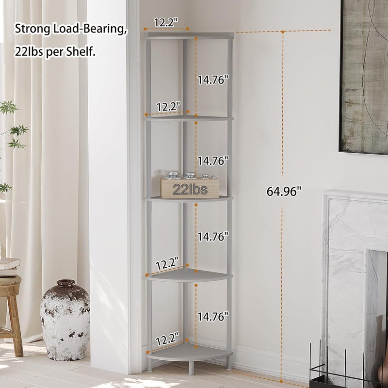 SUNMORY 5 Tier Corner Shelf Stand,Industrial 65" Corner Shelves Display Shelf for Living Room Decor,Wall Corner Bookshelf Multi Unit Organizer,Tall Shelf Plant Stand for Bedroom,Bathroom,Small Space - Image 2