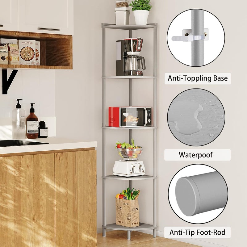 SUNMORY 5 Tier Corner Shelf Stand,Industrial 65" Corner Shelves Display Shelf for Living Room Decor,Wall Corner Bookshelf Multi Unit Organizer,Tall Shelf Plant Stand for Bedroom,Bathroom,Small Space - Image 3