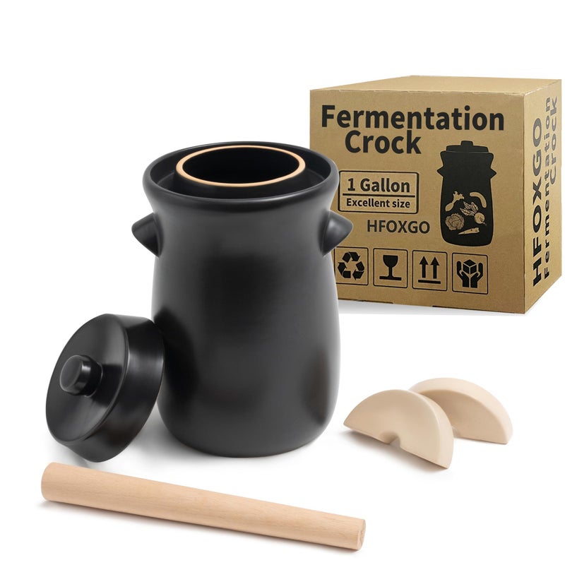 Fermentation Crock 38Liter1 Gallon Stoneware Pot for Fermenting Pickling Kimchi Pickles Vegetables Kombucha  Glazed Fermenter with Stone Weights Lid  Pickle TamperBlack Crock