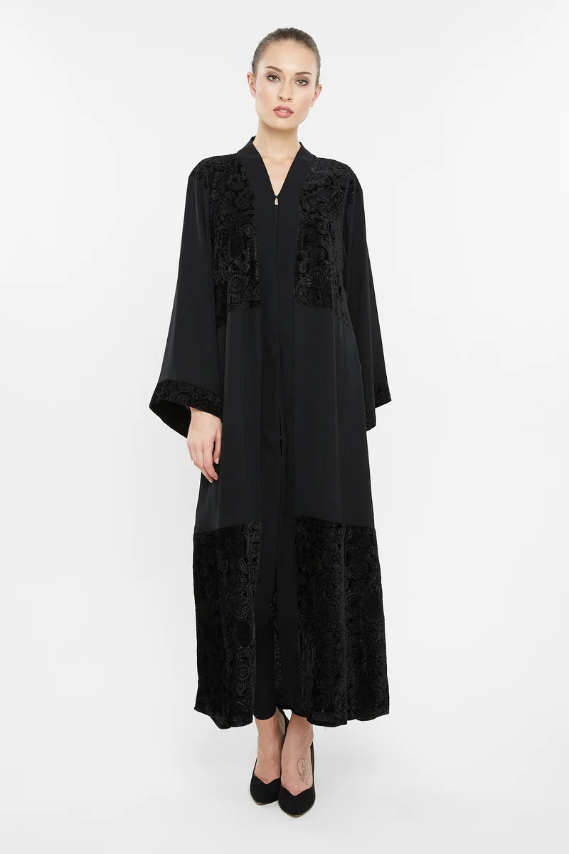 النخبة A casual abaya with floral self printed velvet detailing-AJ142A