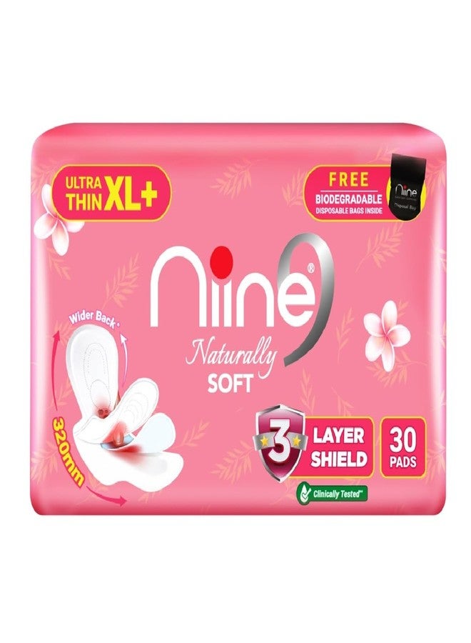 NIINE Naturally Soft Ultra Thin XL+ Sanitary Napkins |320mm Long|Cottony Soft Control Rashes|Long Lasting protection |Suitable for Heavy Flow with Free Biodegradable Disposal Bags (Pack of 1) 30 Pads - Image 1