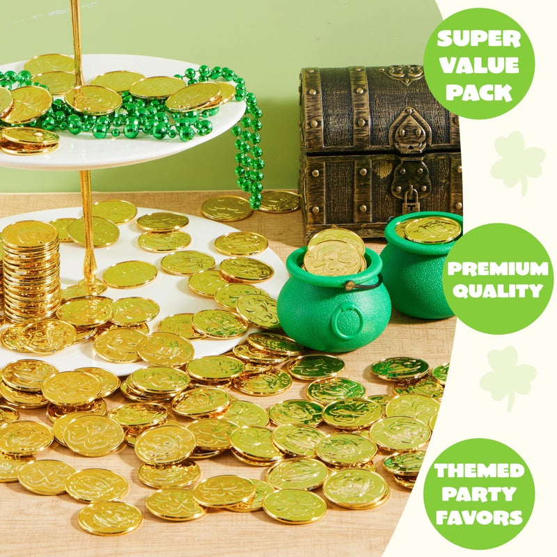 JOYIN 120 Pcs St. Patrickâ€™s Day Gold Coins, Plastic Gold Coins Bulk with Shamrock, Leprechaun, Cauldron & Hat Patterns, St Patricks Accessories Games Gifts Decorations, Party Favors & Party Supplies - Image 3