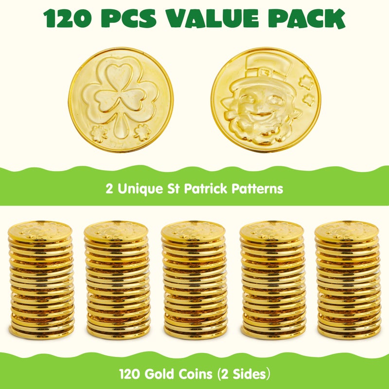 JOYIN 120 Pcs St. Patrickâ€™s Day Gold Coins, Plastic Gold Coins Bulk with Shamrock, Leprechaun, Cauldron & Hat Patterns, St Patricks Accessories Games Gifts Decorations, Party Favors & Party Supplies - Image 2