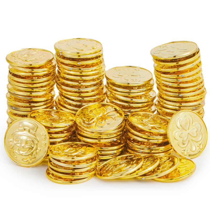 JOYIN 120 Pcs St. Patrickâ€™s Day Gold Coins, Plastic Gold Coins Bulk with Shamrock, Leprechaun, Cauldron & Hat Patterns, St Patricks Accessories Games Gifts Decorations, Party Favors & Party Supplies - Image 1