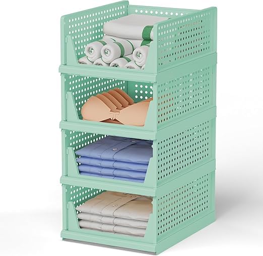 JEYANG Foldable Plastic Wardrobe Organizer - Stackable Storage Solution for Clothes, Ideal for Bathroom, Kitchen, and Bedroom Use (Pack of 12, Green) - Image 1