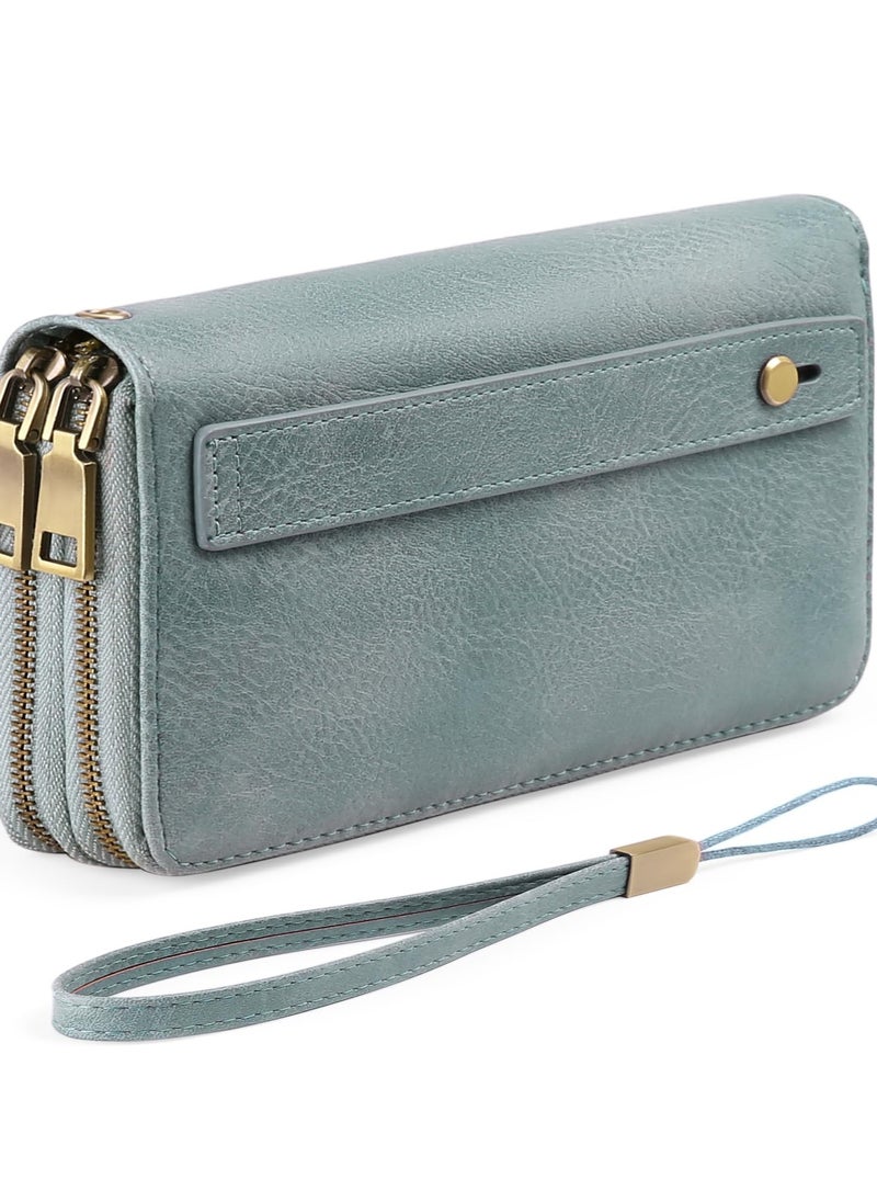 Excefore - Purses for Women Double Zipper Phone Clutch RFID Blocking Vegan Leather Wristlet Purse Large Capacity Long Credit Card Holder with Grip Hand Strap - Image 1