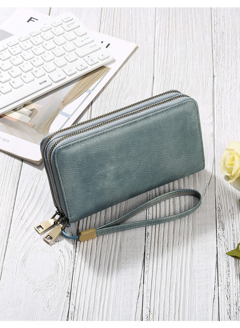 Excefore - Purses for Women Double Zipper Phone Clutch RFID Blocking Vegan Leather Wristlet Purse Large Capacity Long Credit Card Holder with Grip Hand Strap - Image 1
