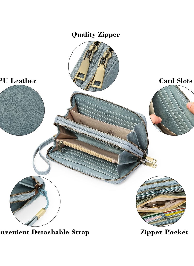 Excefore - Purses for Women Double Zipper Phone Clutch RFID Blocking Vegan Leather Wristlet Purse Large Capacity Long Credit Card Holder with Grip Hand Strap - Image 1