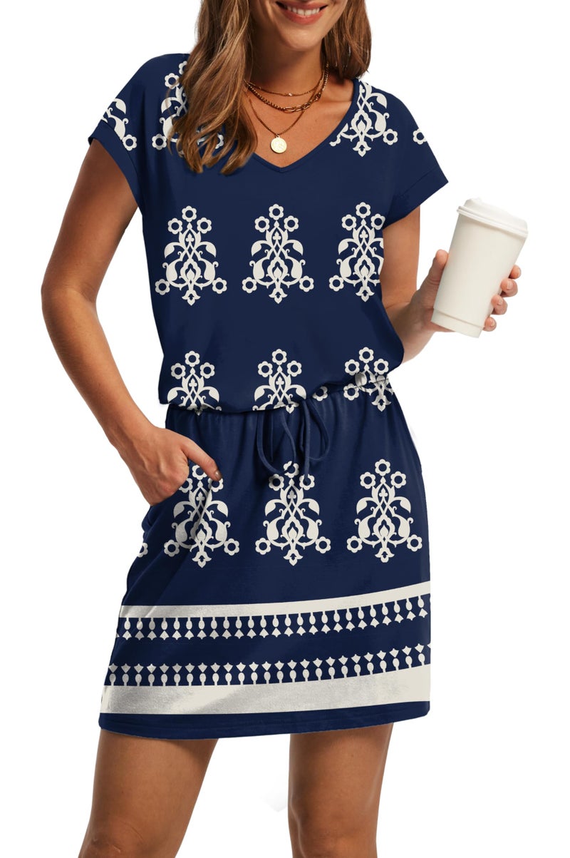 OFEEFAN Dresses for Women Spring Summer Loose V Neck Tie Front A-Line T Shirt Casual Dress Beach Fashion Floral XXL Blue Flower - Image 1