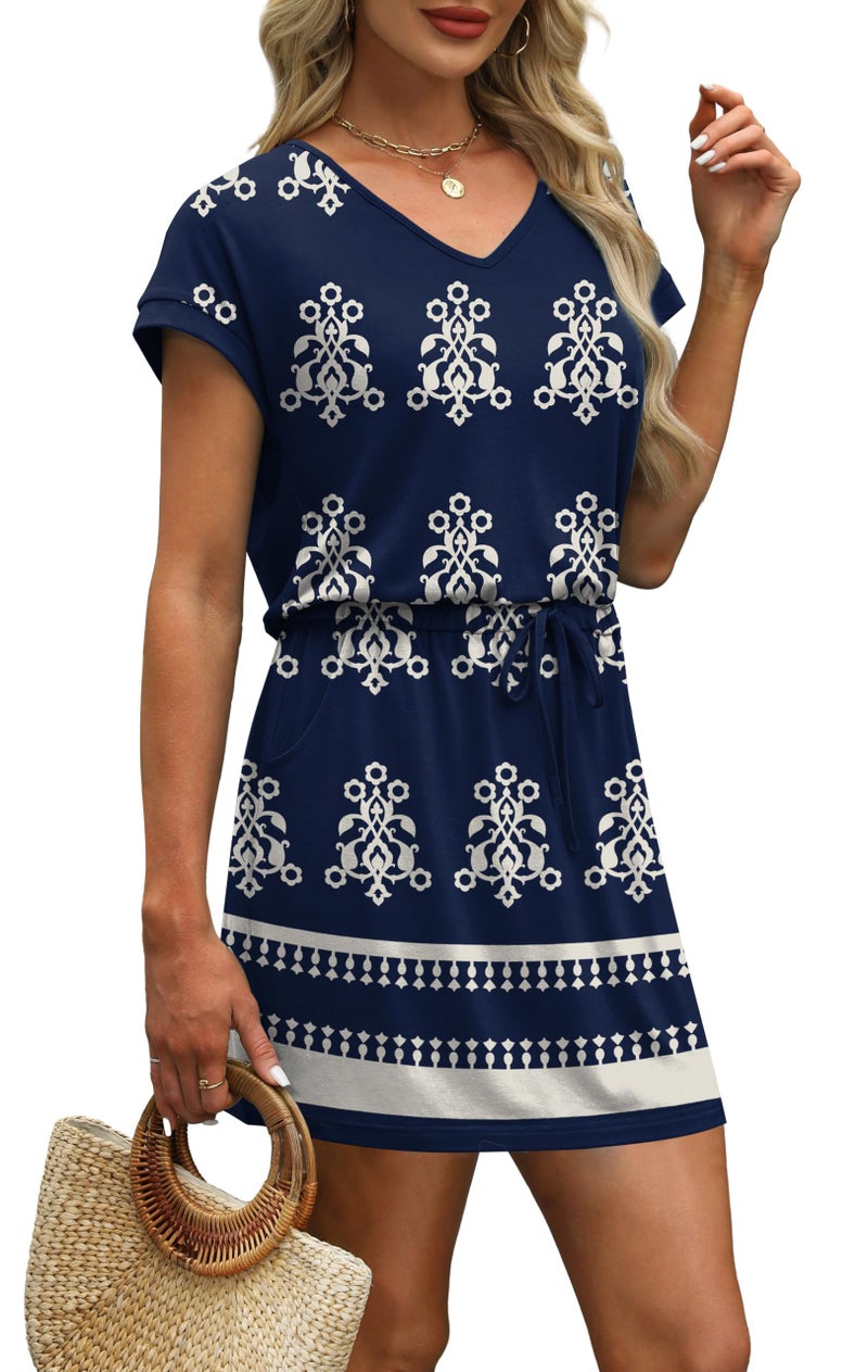 OFEEFAN Dresses for Women Spring Summer Loose V Neck Tie Front A-Line T Shirt Casual Dress Beach Fashion Floral XXL Blue Flower - Image 4