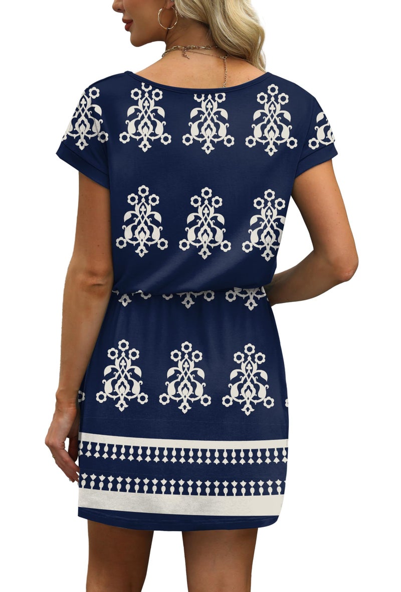 OFEEFAN Dresses for Women Spring Summer Loose V Neck Tie Front A-Line T Shirt Casual Dress Beach Fashion Floral XXL Blue Flower - Image 5
