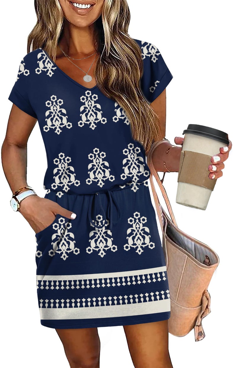 OFEEFAN Dresses for Women Spring Summer Loose V Neck Tie Front A-Line T Shirt Casual Dress Beach Fashion Floral XXL Blue Flower - Image 2