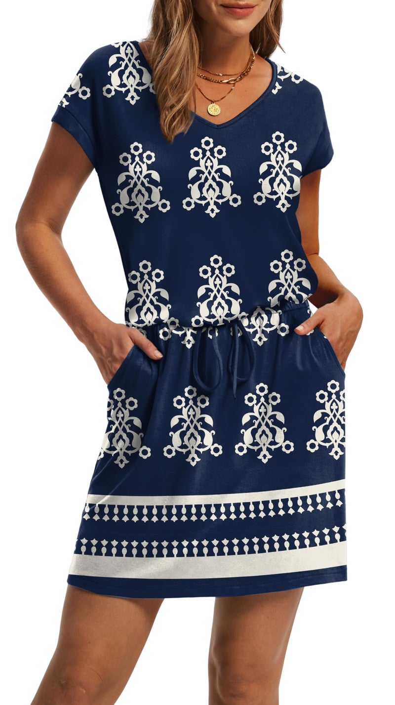 OFEEFAN Dresses for Women Spring Summer Loose V Neck Tie Front A-Line T Shirt Casual Dress Beach Fashion Floral XXL Blue Flower - Image 3