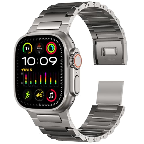 ACESTAR Grade 4 Full Titanium Band Compatible with Apple Watch Ultra 3/2/1 49mm/Series 10 46mm, 24mm Wide Adjustable Links with Titanium Magnetic Clasp Connectors DLC Coating - Image 1
