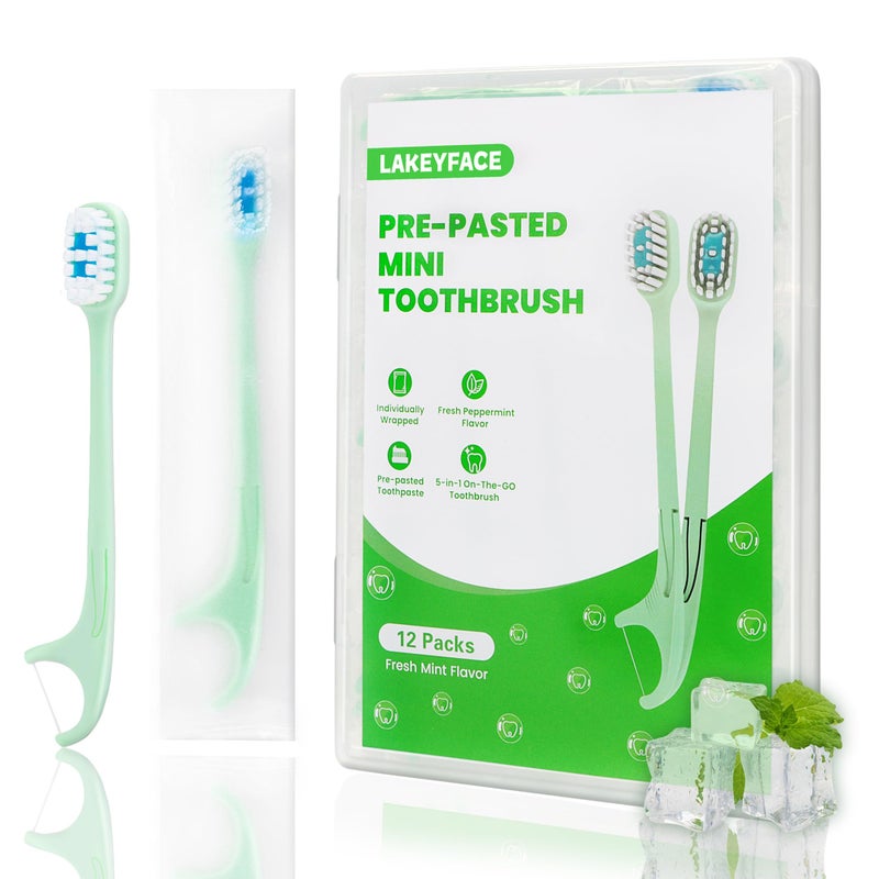 Lakeyface 5in1 Travel Toothbrush Set Prepasted Disposable Mini Toothbrushes with Toothpaste Tongue Scrapers Floss Pick for Work or Travel Individually Wrapped Mint 12 Pack