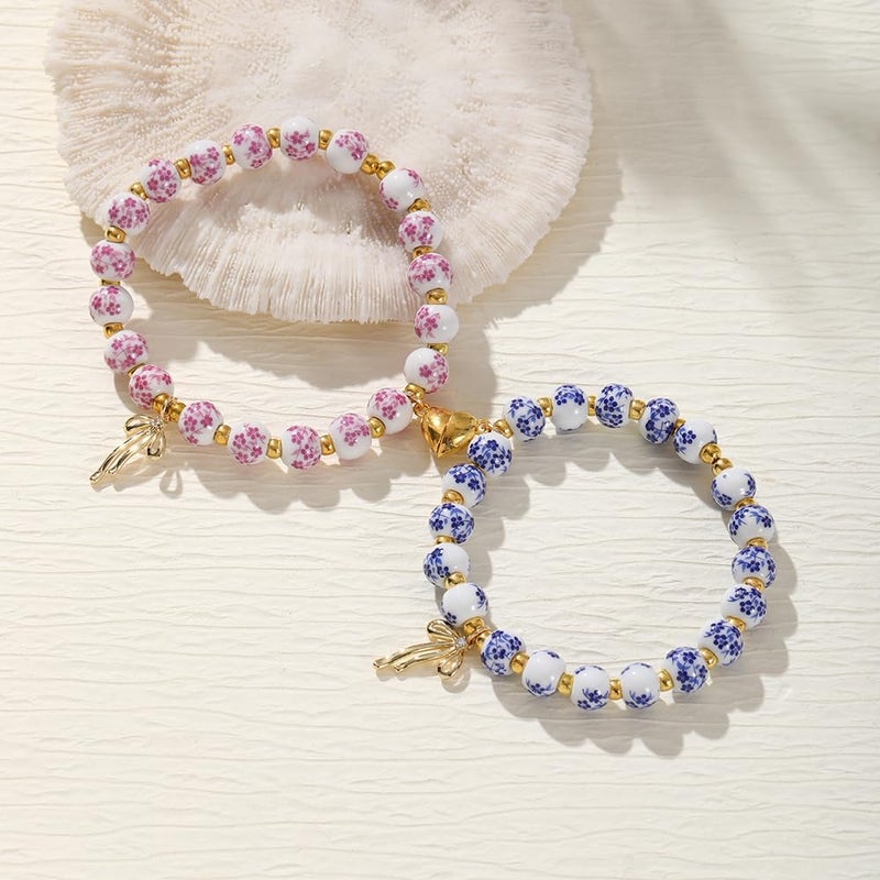 Thalireth Bow Bracelets 14K Gold Beaded Vintage Friendship Couples Matching Bff Bracelets For Women Men Christmas Gifts - Image 3