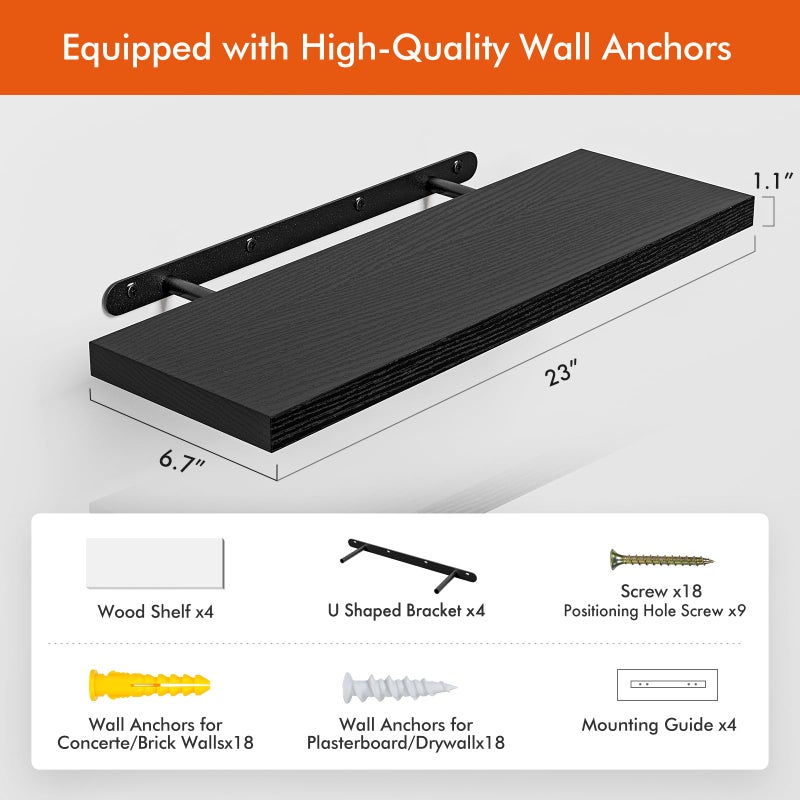 YUFLINX 23â€™â€™Black Floating Shelves for Wall,Rustic Wood Shelf for Room Decor/Storage/Display,Small Bookshelf,Wall Mounted Hanging Shelves for Bedroom, Bathroom, Living Room, Kitchen,Set of 4 - Image 3