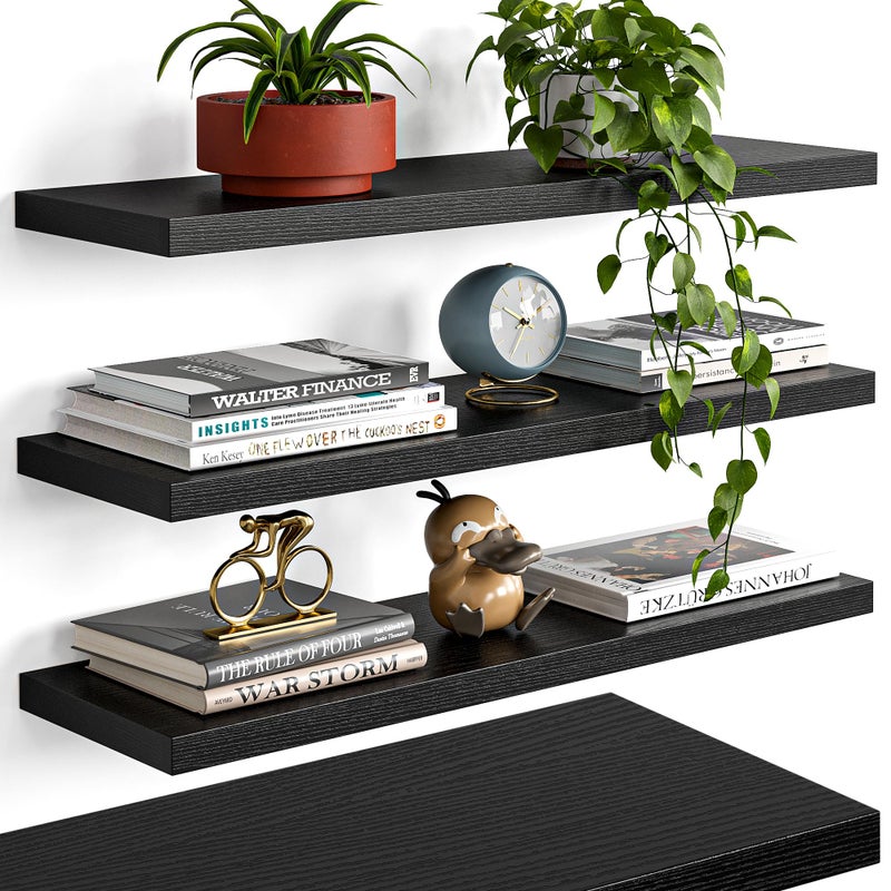 YUFLINX 23â€™â€™Black Floating Shelves for Wall,Rustic Wood Shelf for Room Decor/Storage/Display,Small Bookshelf,Wall Mounted Hanging Shelves for Bedroom, Bathroom, Living Room, Kitchen,Set of 4 - Image 1