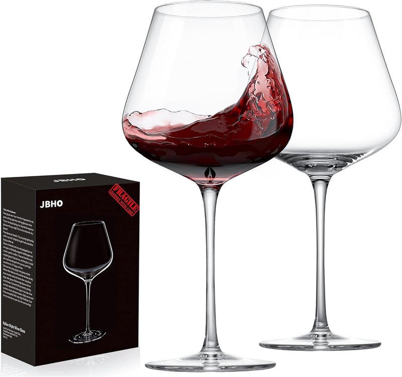 JBHO Hand Blown Italian Style Crystal Burgundy Wine Glasses - Lead-Free Premium Crystal Clear Glass - Set of 2-21 Ounce - Gift-Box for any Occasion - Image 1