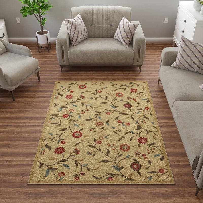 Ottomanson 5 x 66 Rugs for Living Room Floral Area Rug for Bedroom  Non Slip Durable Large Floor Carpet for High Traffic Areas  Indoor Rug for Dining Room Kitchen Kids Playroom Beige
